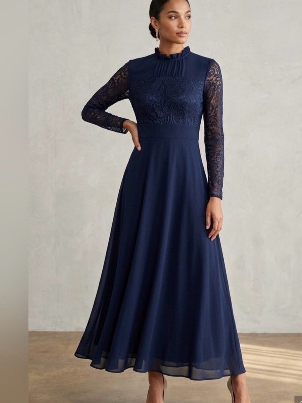 SHEIN Navy Long Sleeve Lace Panel Maxi Dress